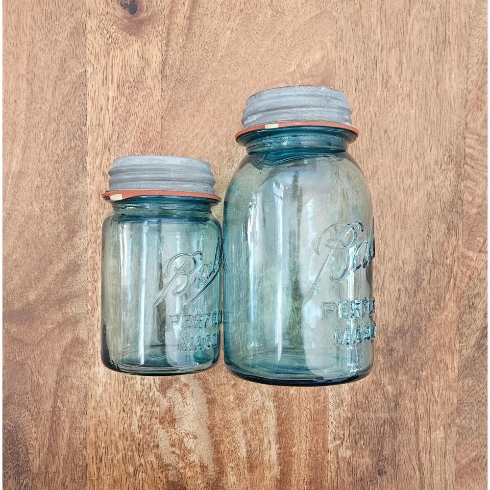 Vtg Ball Perfect Mason Jars Pint and Quart Rubber Gasket Zinc Lid Canning 1920s